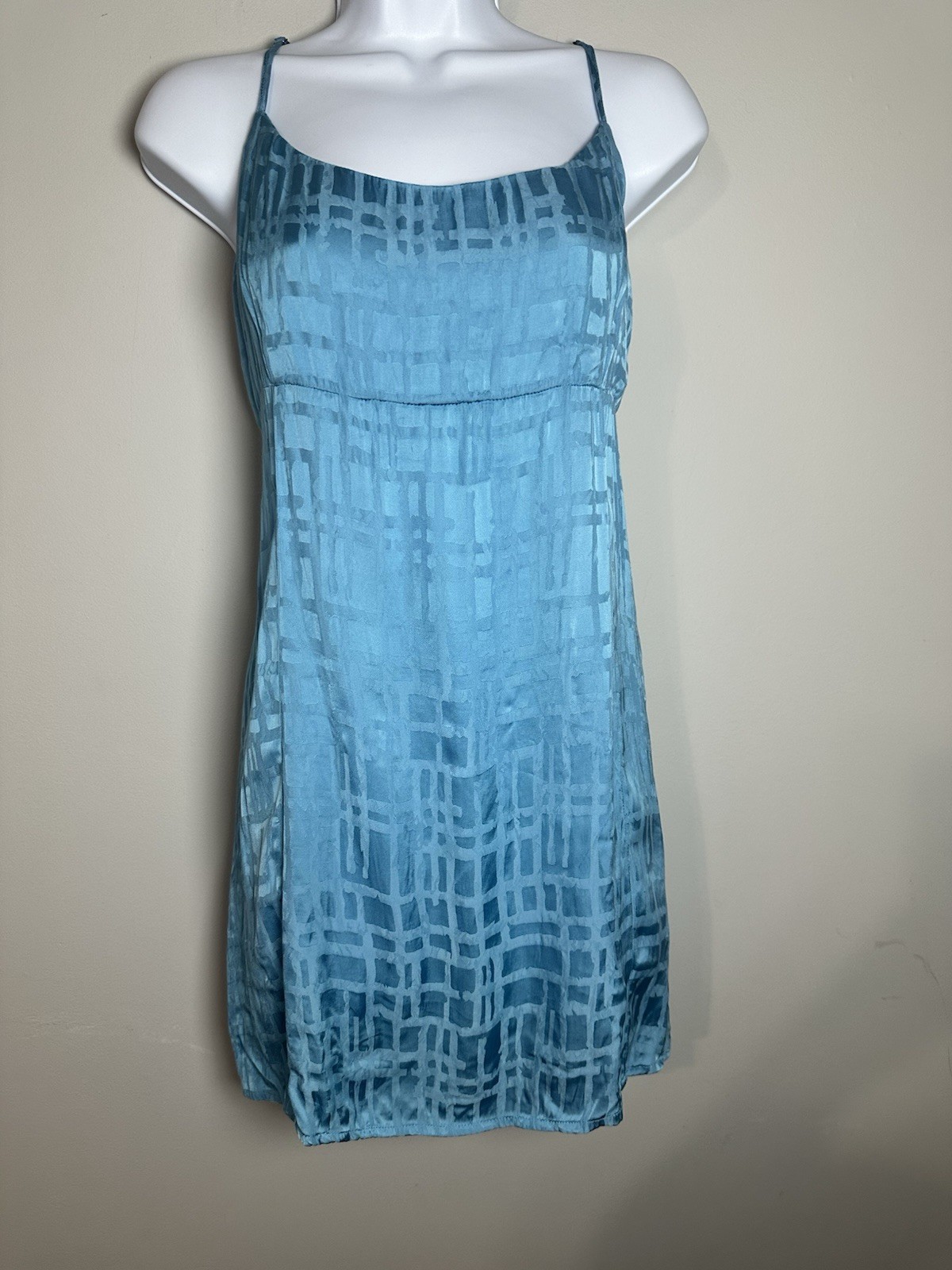 Ghanda Coastal Blue Satin Mini Slip Dress Tie Back Geometric Jacquard Size M