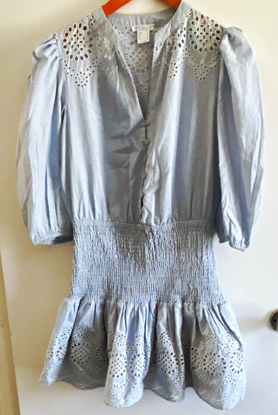 VENUS Blue Cotton Eyelet Smocked V-Neck Puff Sleeve Mini Dress Size 10