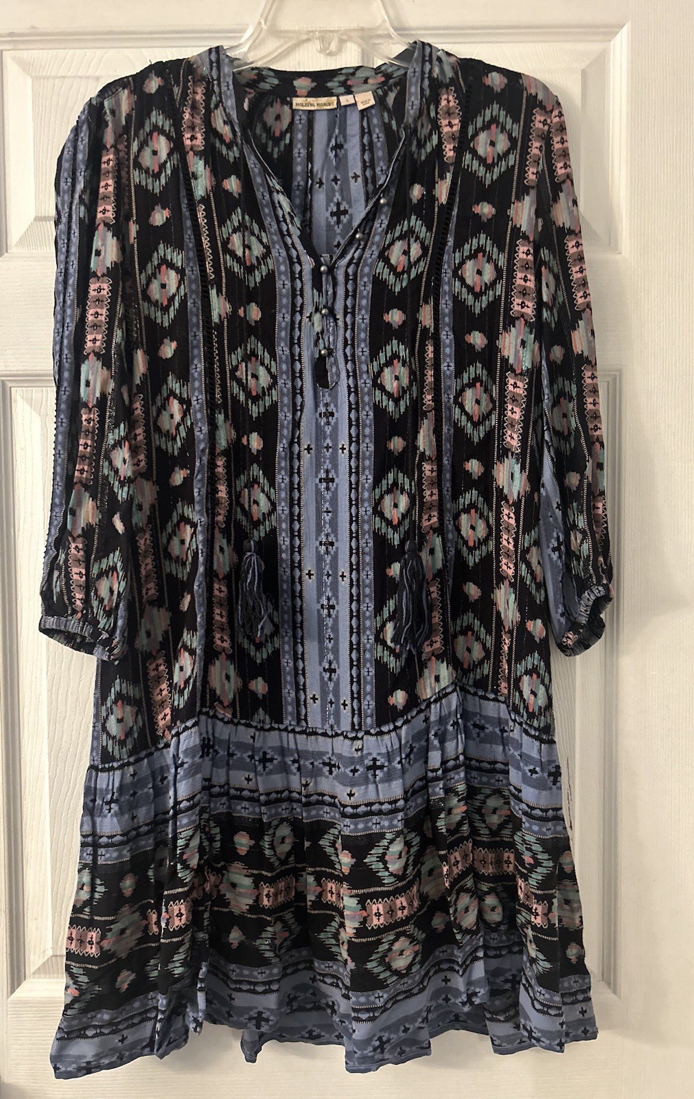 Holding Horses Anthropology Women’s Southwest Print Dress Ruffle Tassles Blue, S