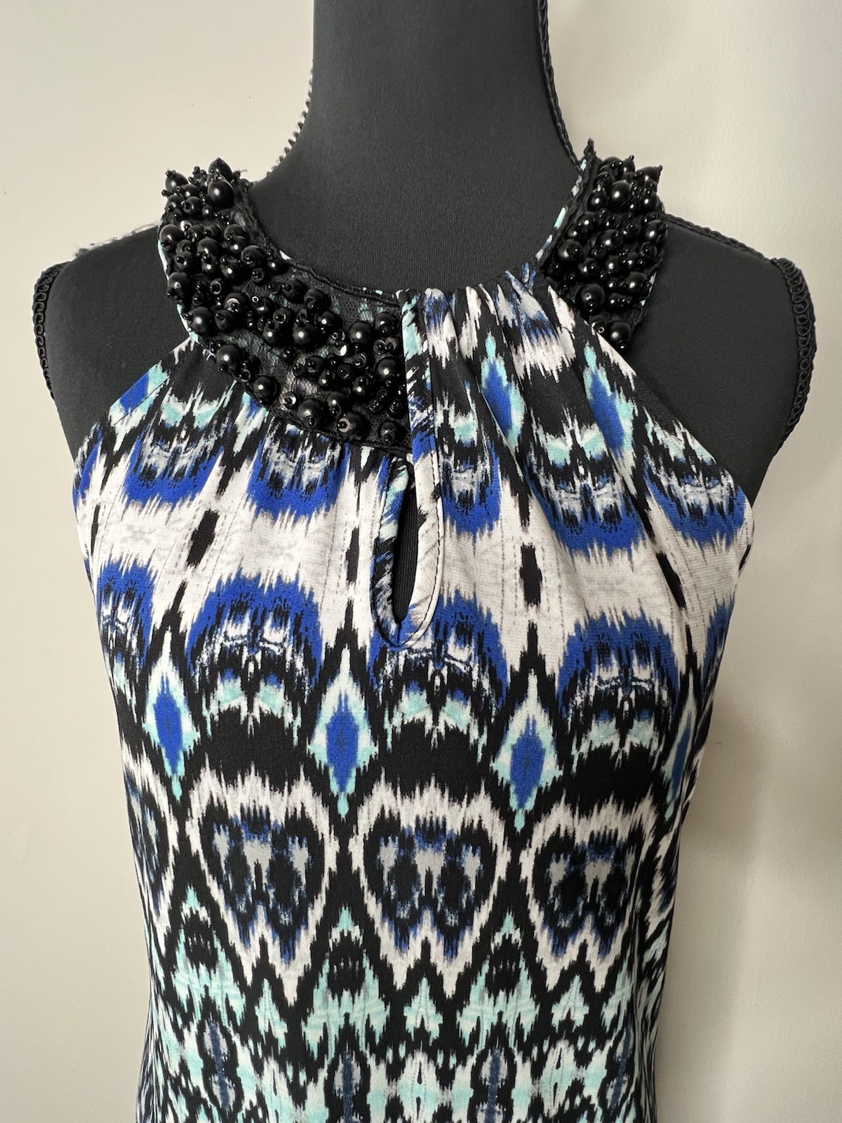 New Directions Ikat Belk Blue Green Ikat Halter Dress Beaded Collar Small Belk