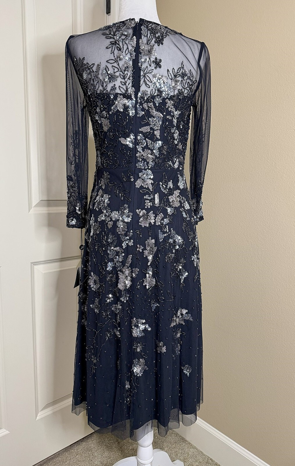 Adrianna Papell Floral Sequin Beaded Sheer Navy Dress NWT Size 6
