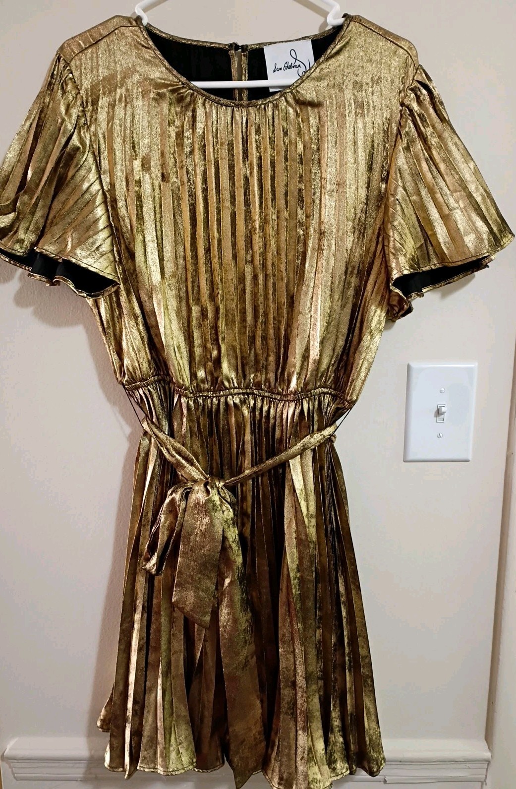 Sam Edelman Pleated Swing Dress Sz 14 Metallic Gold Lame Party Dance Event EUC
