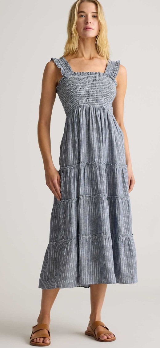 Quince 100% European Linen Smocked Midi Dress Chambray Stripe Basic Sleeved M