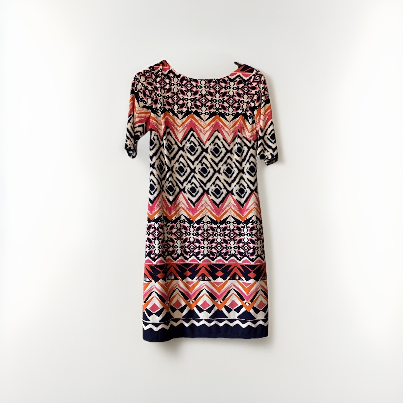 Vince Camuto Womens Printed Dress Sz 8 Blue Pink Half Sleeves Polyester Blend