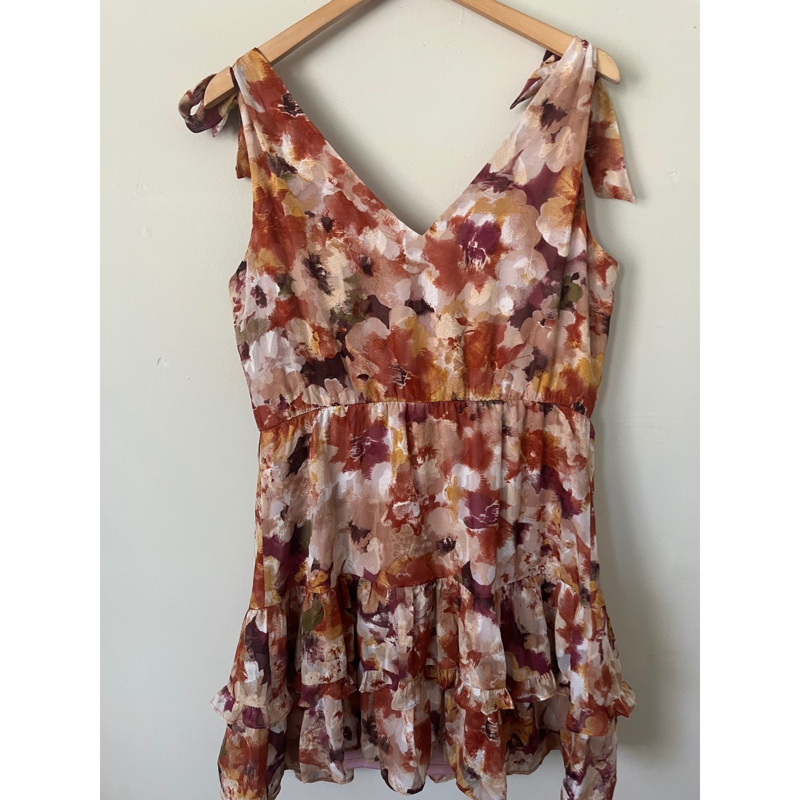 The General Good Floral Tie Shoulder Ruffle Mini Dress Orange Burgundy L boho