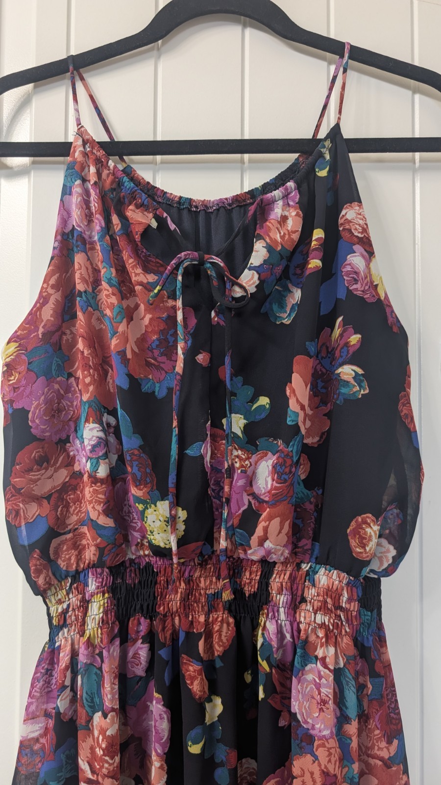 Sweet Storm Black Multicolor Floral Chiffon Smocked Square Neck Maxi Dress L