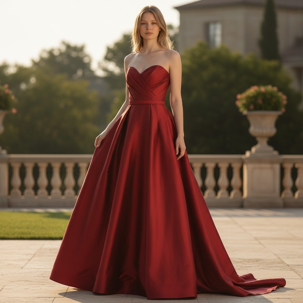 Pronovias Naomi Gown Women 10 Wine Red Mikado Strapless Pleated Formal Dress