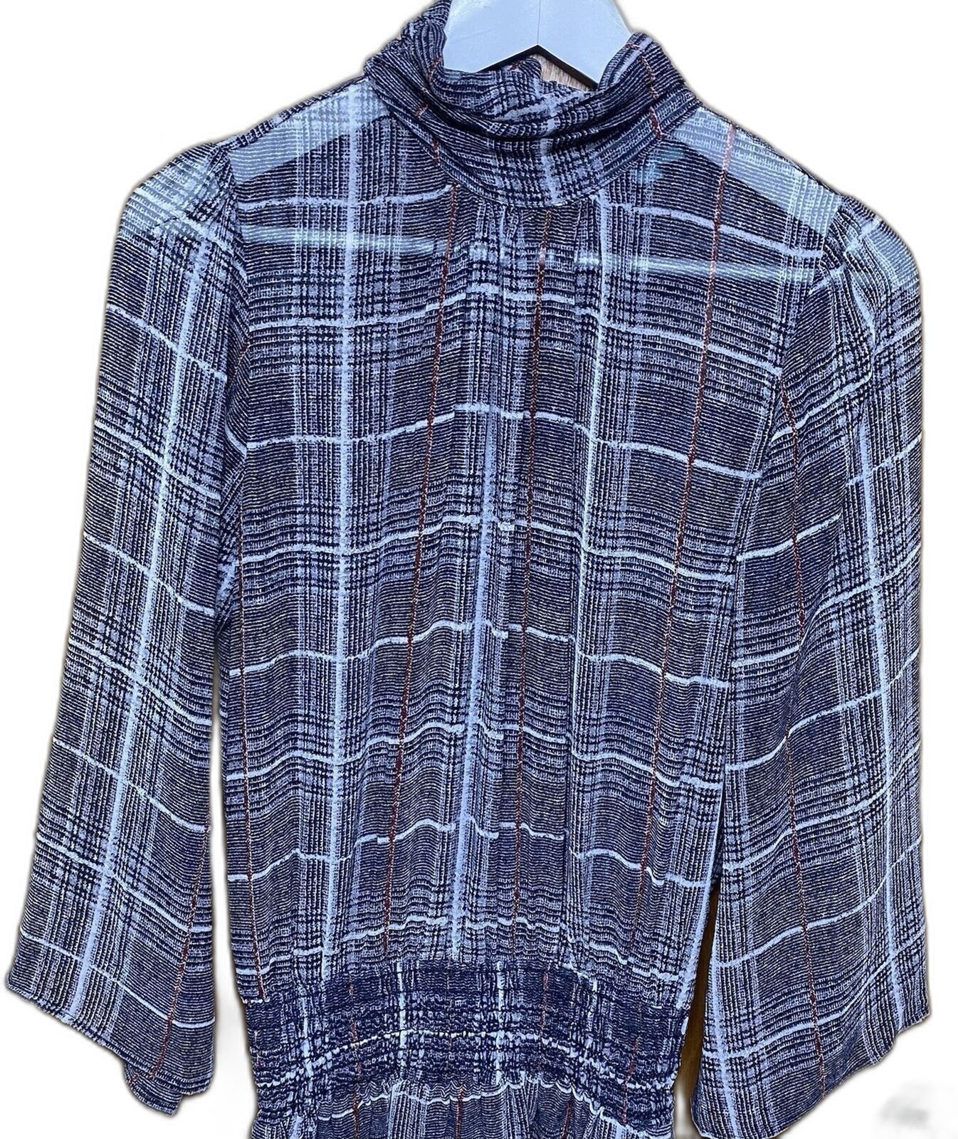 Veronica M Sheer Mini Dress Womens S Plaid High Neck Smocked Waist Fairy Sleeves