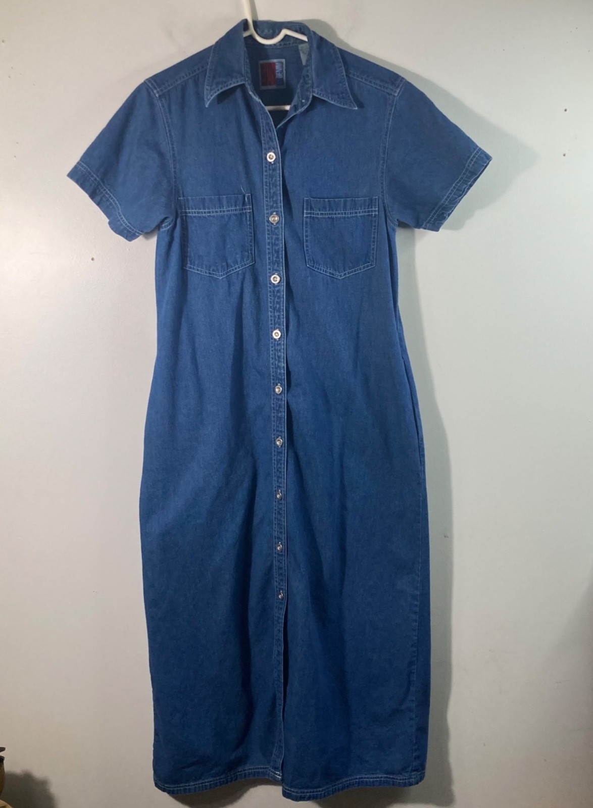 Womens Vintage Sun Belt Denim Button Maxi Dress Short Sleeve S Cotton Pockets