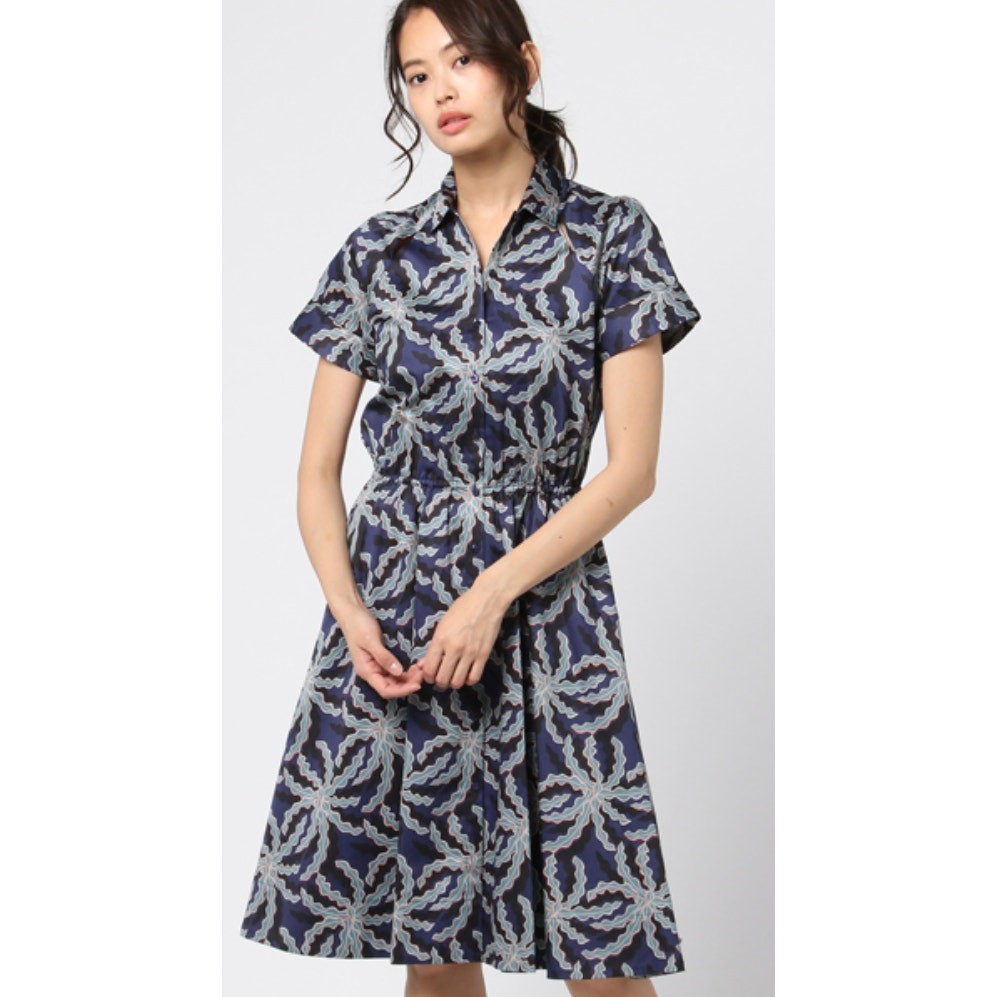 BROOKS BROTHERS Cotton Sateen Midi Shirt Dress Size 12 Blue Black Short Sleeve