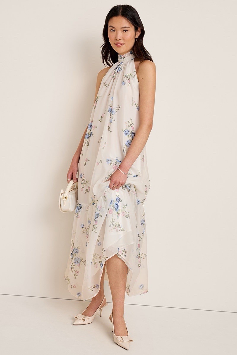 Francesca’s Mi Ami Willow Halter White Blue Pink Floral Maxi Dress NWT Women’s L
