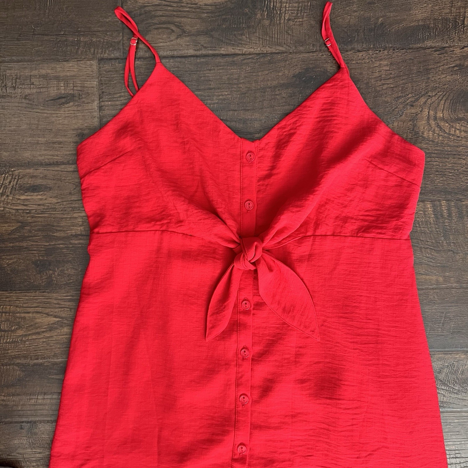 LUMIERE Red Spaghetti Straps Button Front Dress Tie Front Medium Summer Midi