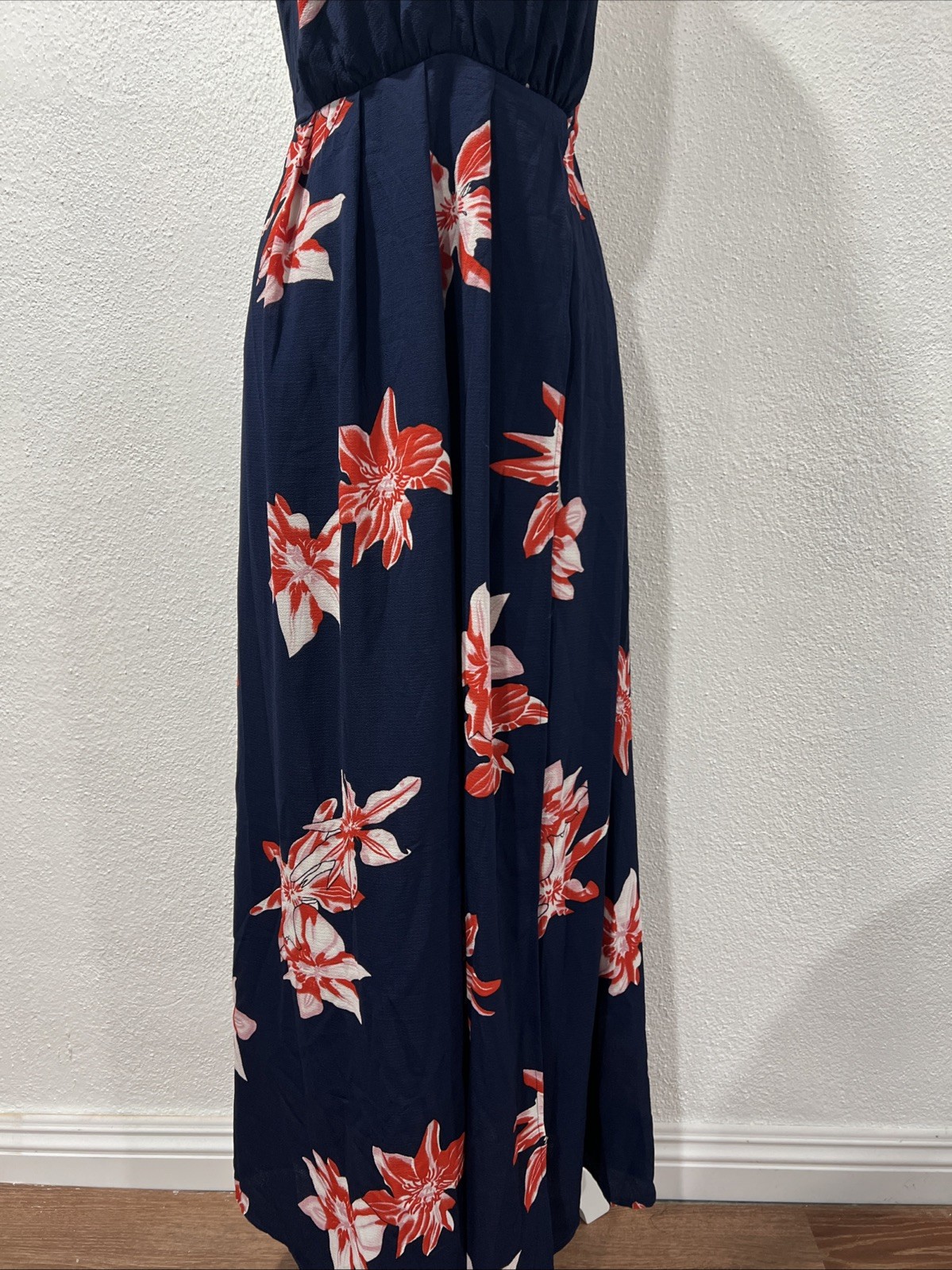 Simplee Floral Maxi Dress Large Navy Orange V-Neck Halter Mock Wrap High Slit