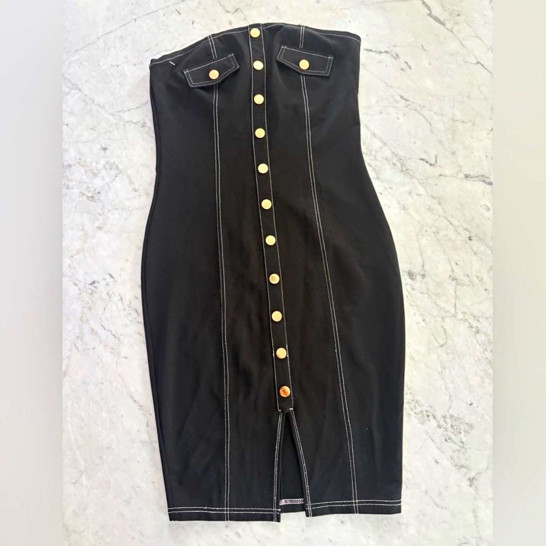 Privy Black Denim Strapless Stretch Button Front Zip Bodycon Sheath Dress M