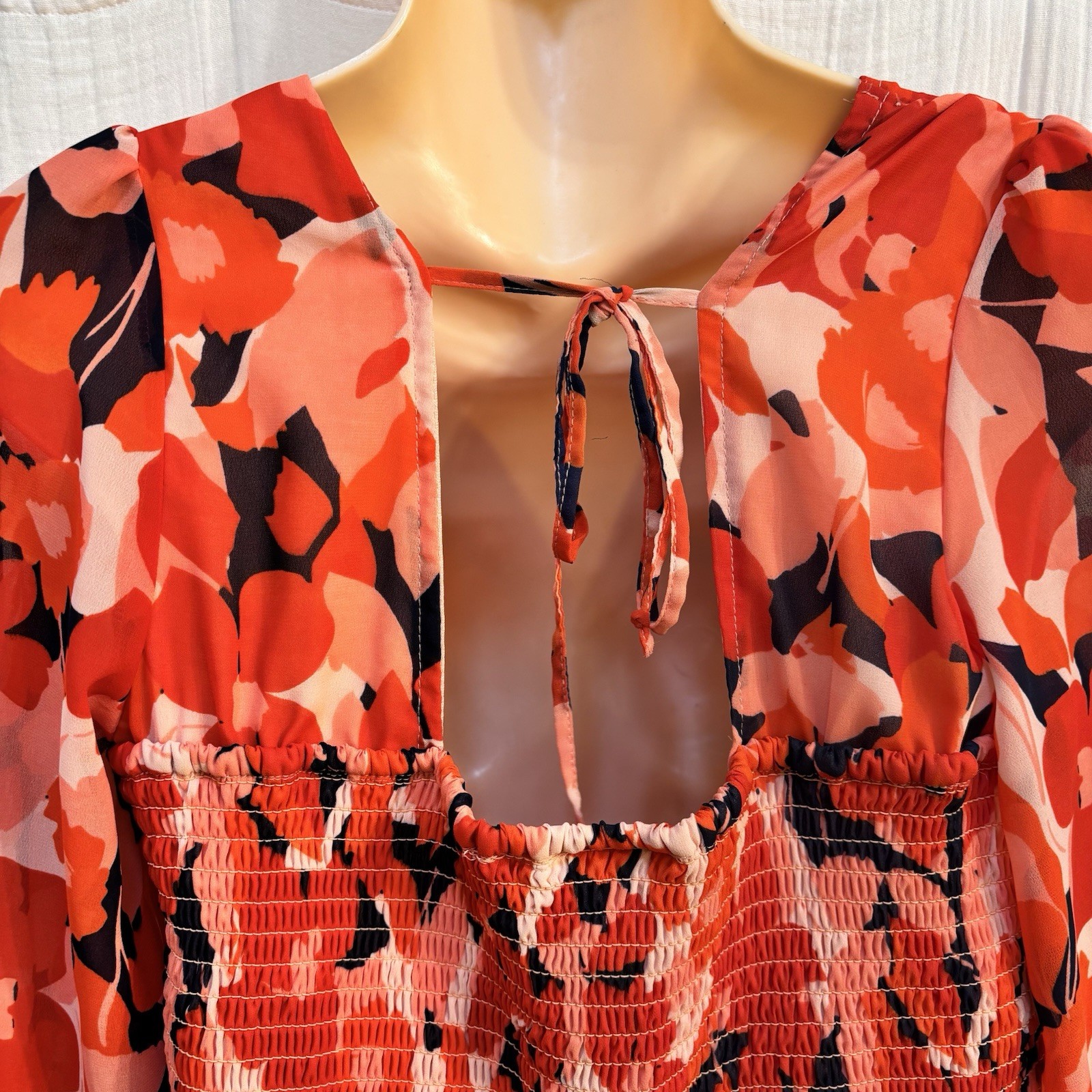 Sincerely Jules Red and Pink Floral Long-Sleeve Tiered Midi Dress. Size Large