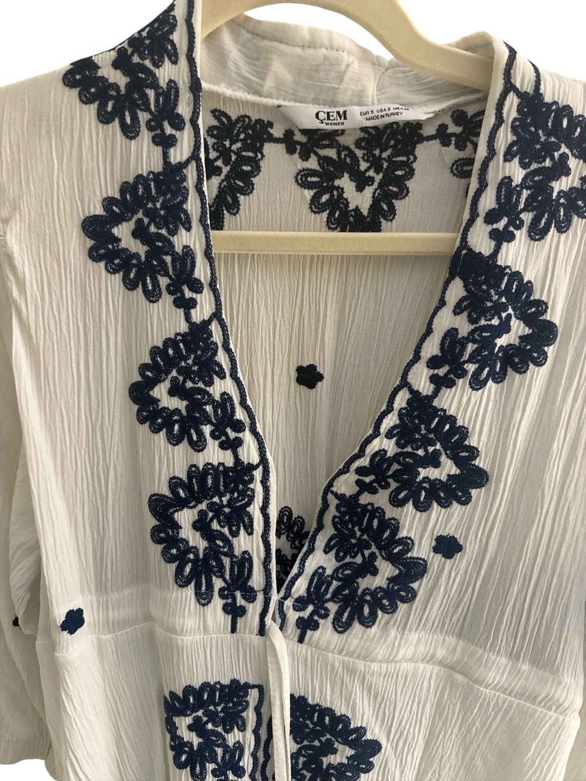 CEM Turkish Women’s White Gauze Midi Dress Navy Embroidery Sz Small (Runs Small)