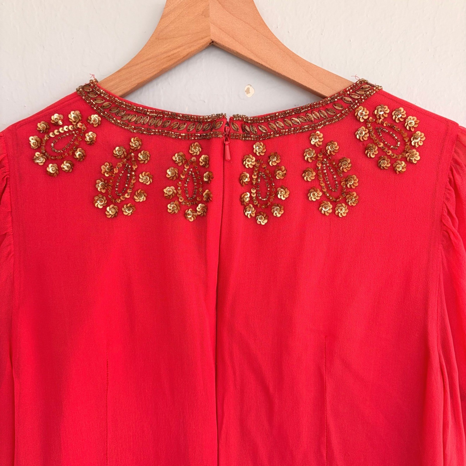 French Connection Shift Dress Silk-Georgette Sequined Coral V-Nick US10 UK14