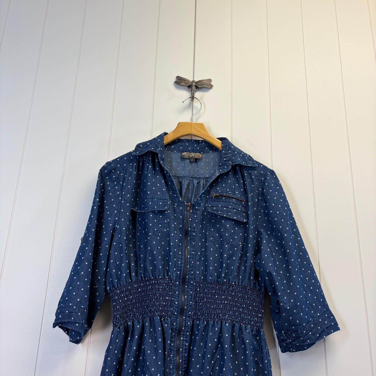 J Gee Rockabilly Polka Dot Chambray Denim Zip Front Dress Women XL Retro Classic