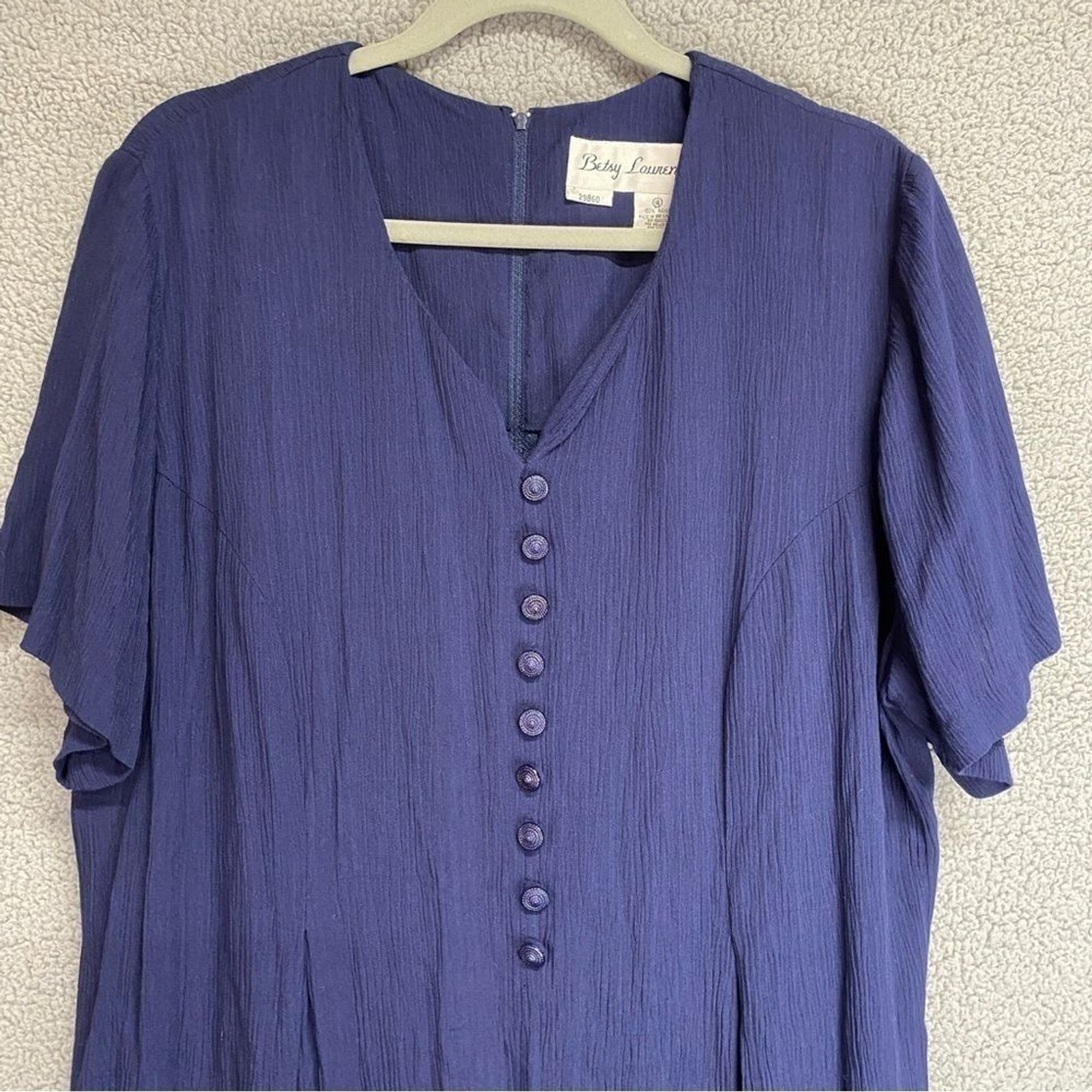 Vtg Betsy Lauren Button Accent Midi Short Sleeve Dress Front Back Slit Sz 18