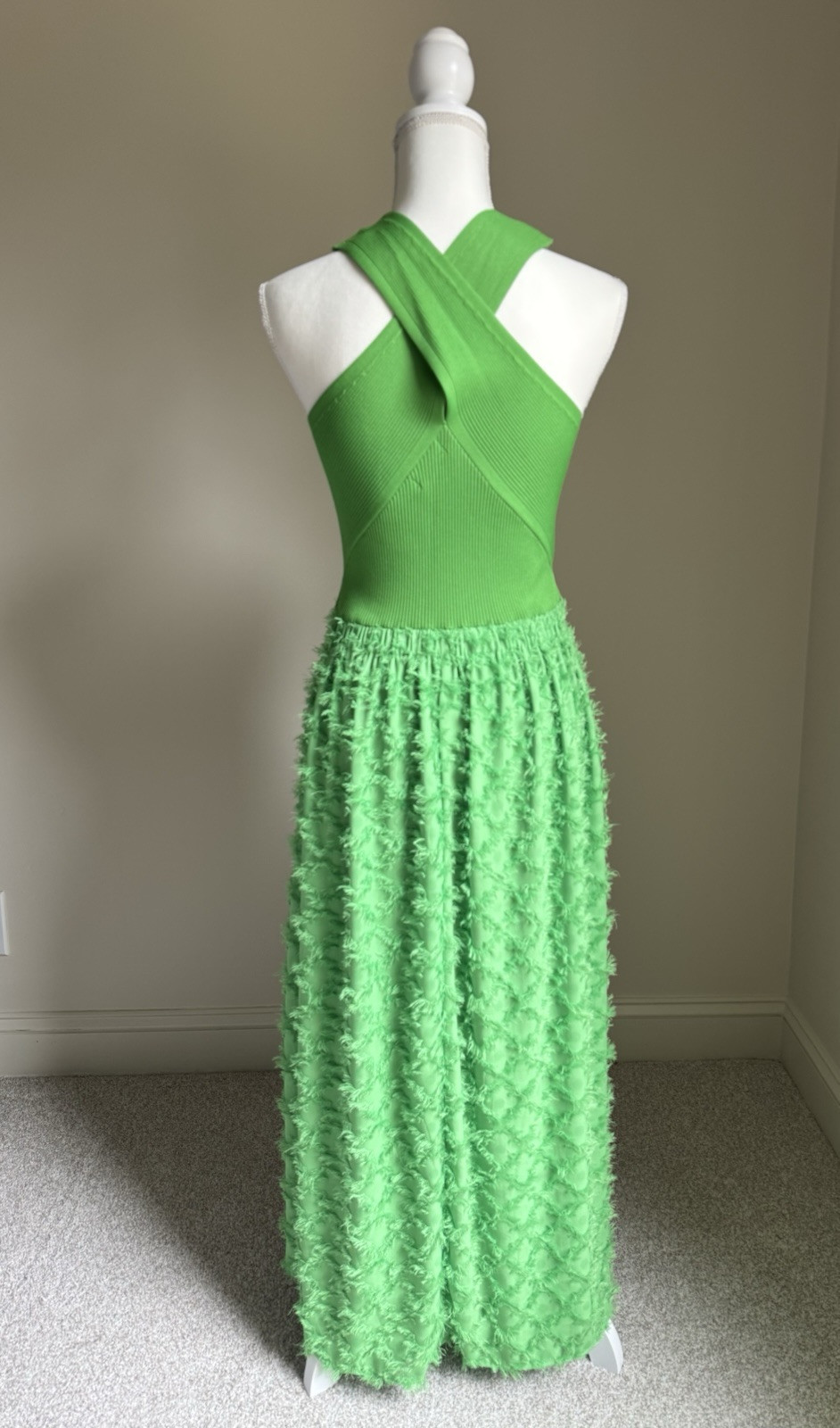 CURRENT AIR Green Apple Goddess Fringed Knit Halter Dress Sz M
