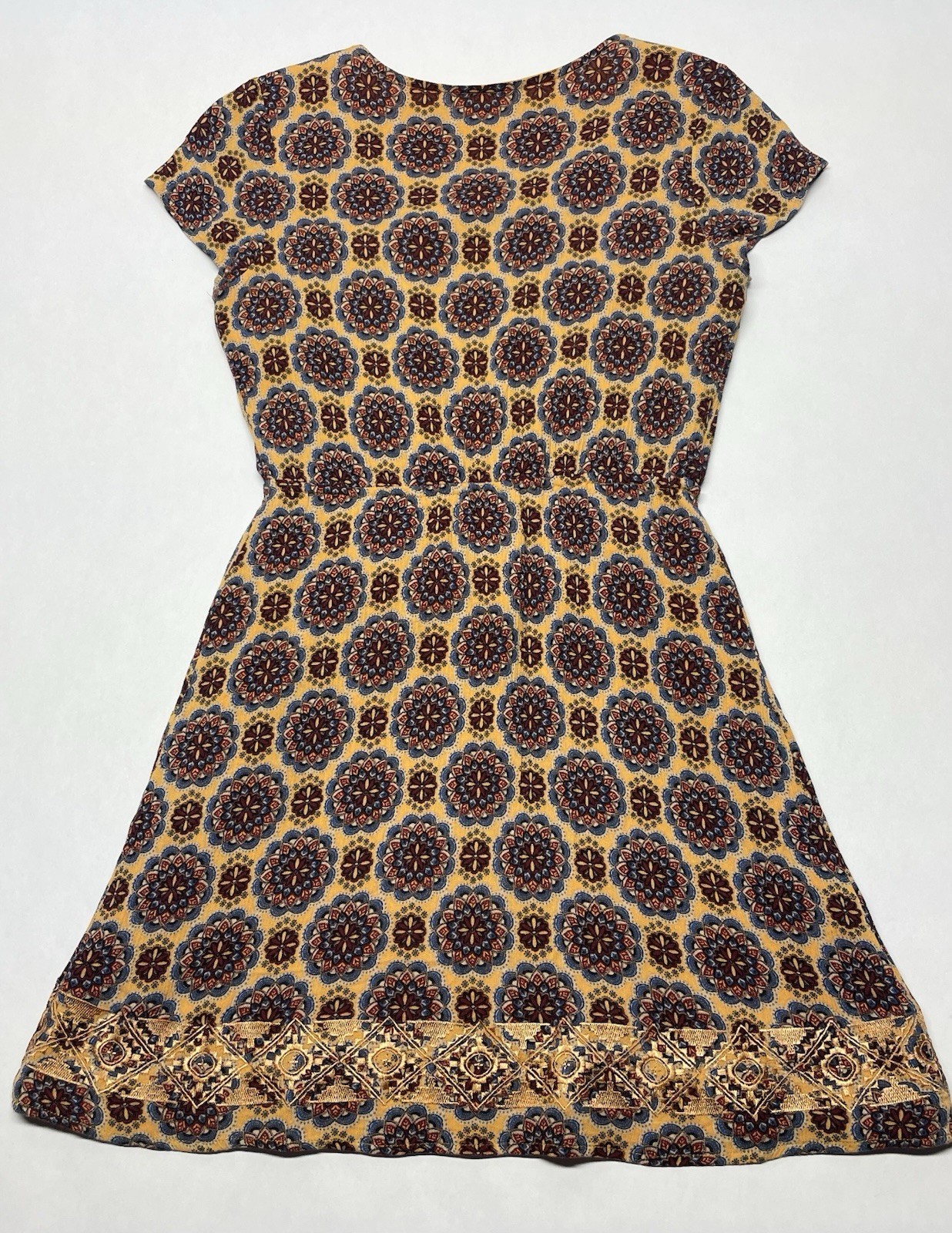Golden Yellow Metallic Embroidered Mandala Dress Sz S Boho Funky Artsy Festival