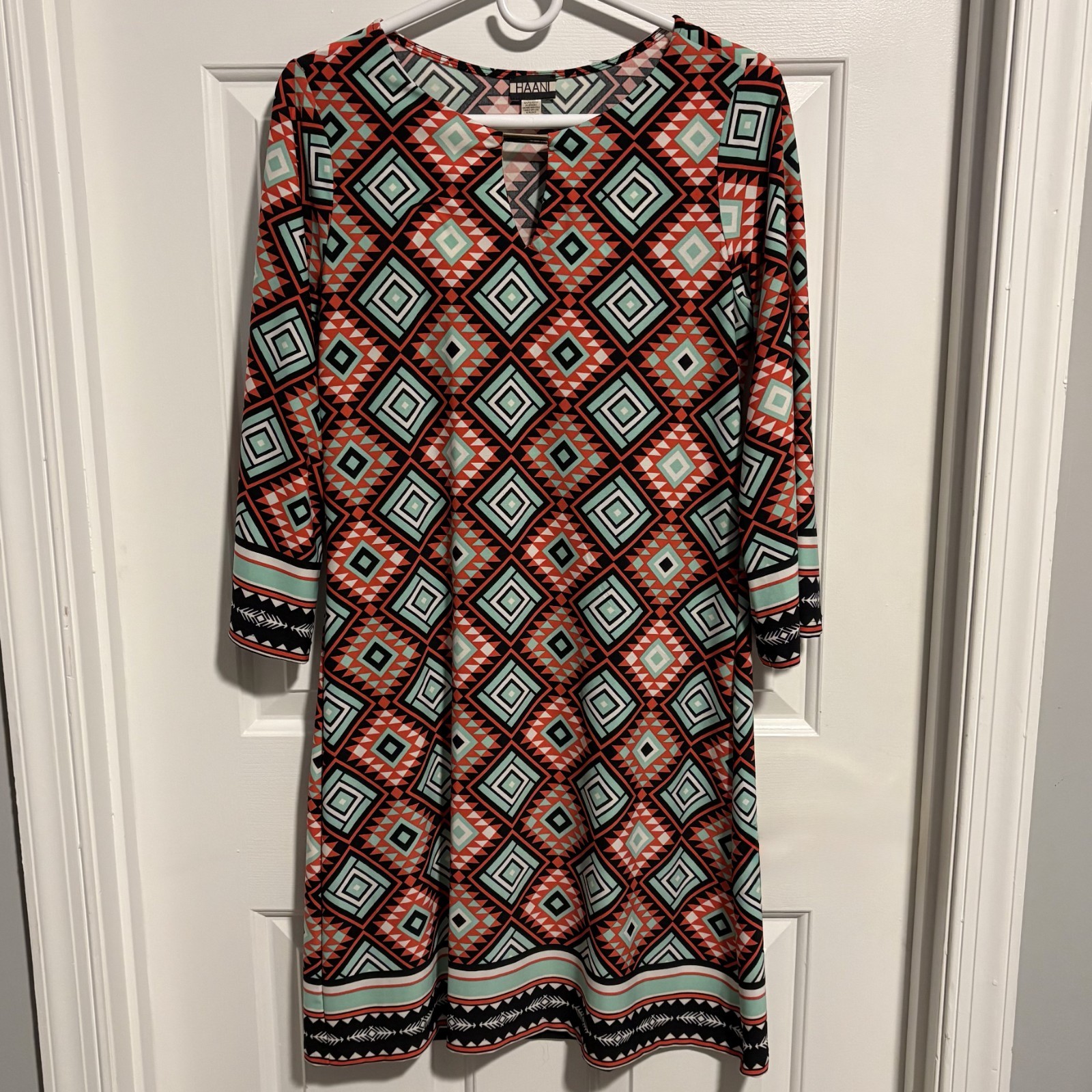 Haani Womens Mod Tunic Dress Bell Sleeve Stretch Aztec Salmon Turqiouse Sz M
