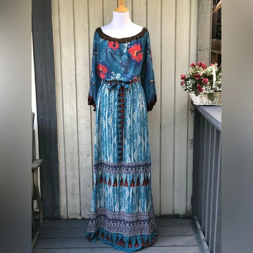 Flying Tomato Boho Blue Gauze Floral Geometric Belted Blue Red Maxi Dress size L