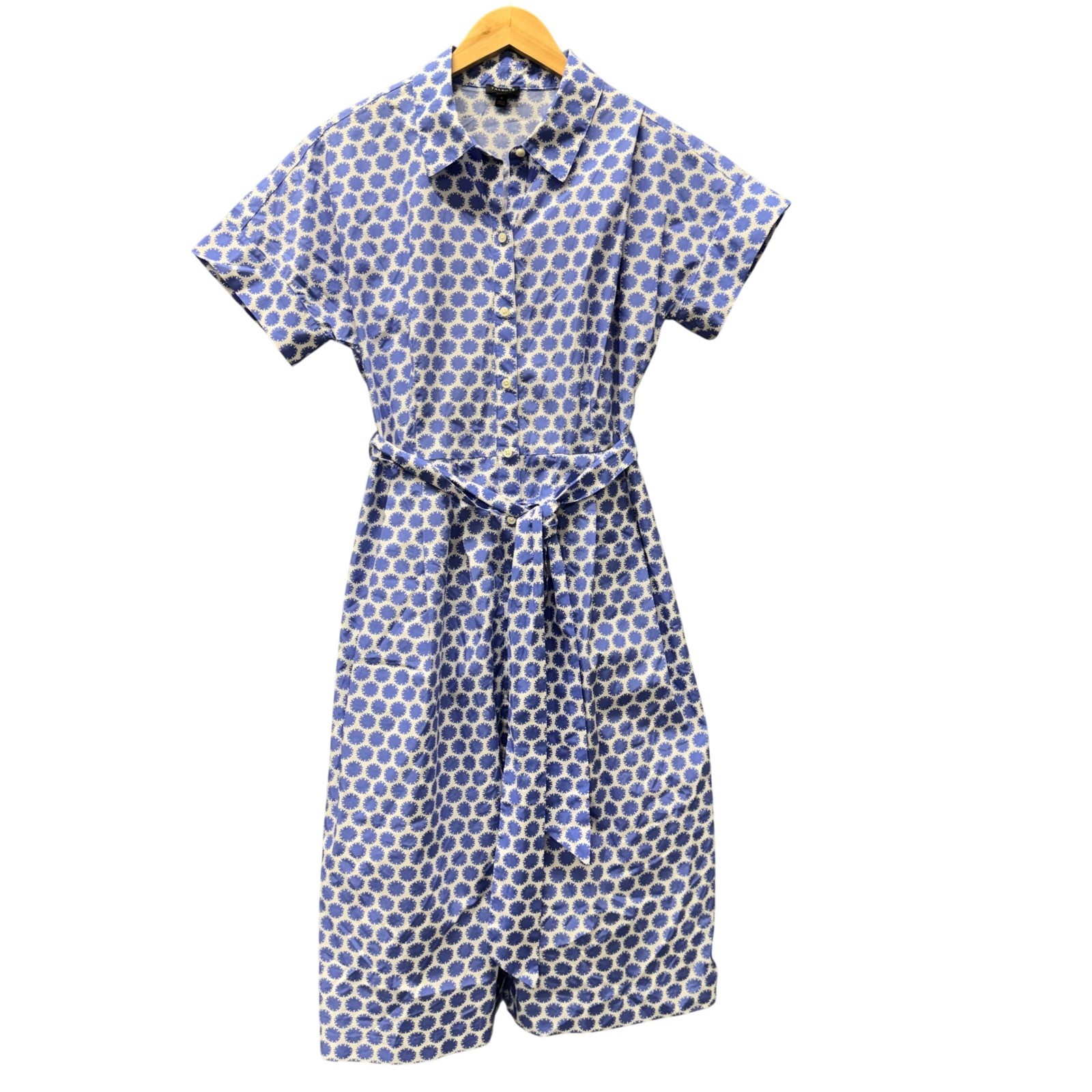 Talbots Shirtdress Womens 6 Geometric Floral Blue Belted Midi + Pockets Coastal