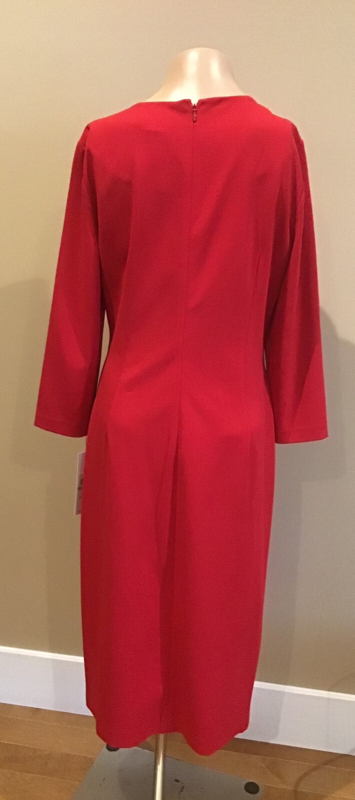 NWT Calvin Klein Exposed Front Zipper Rushed Sheath Dress Sz.12 RED 3/4 sleeves