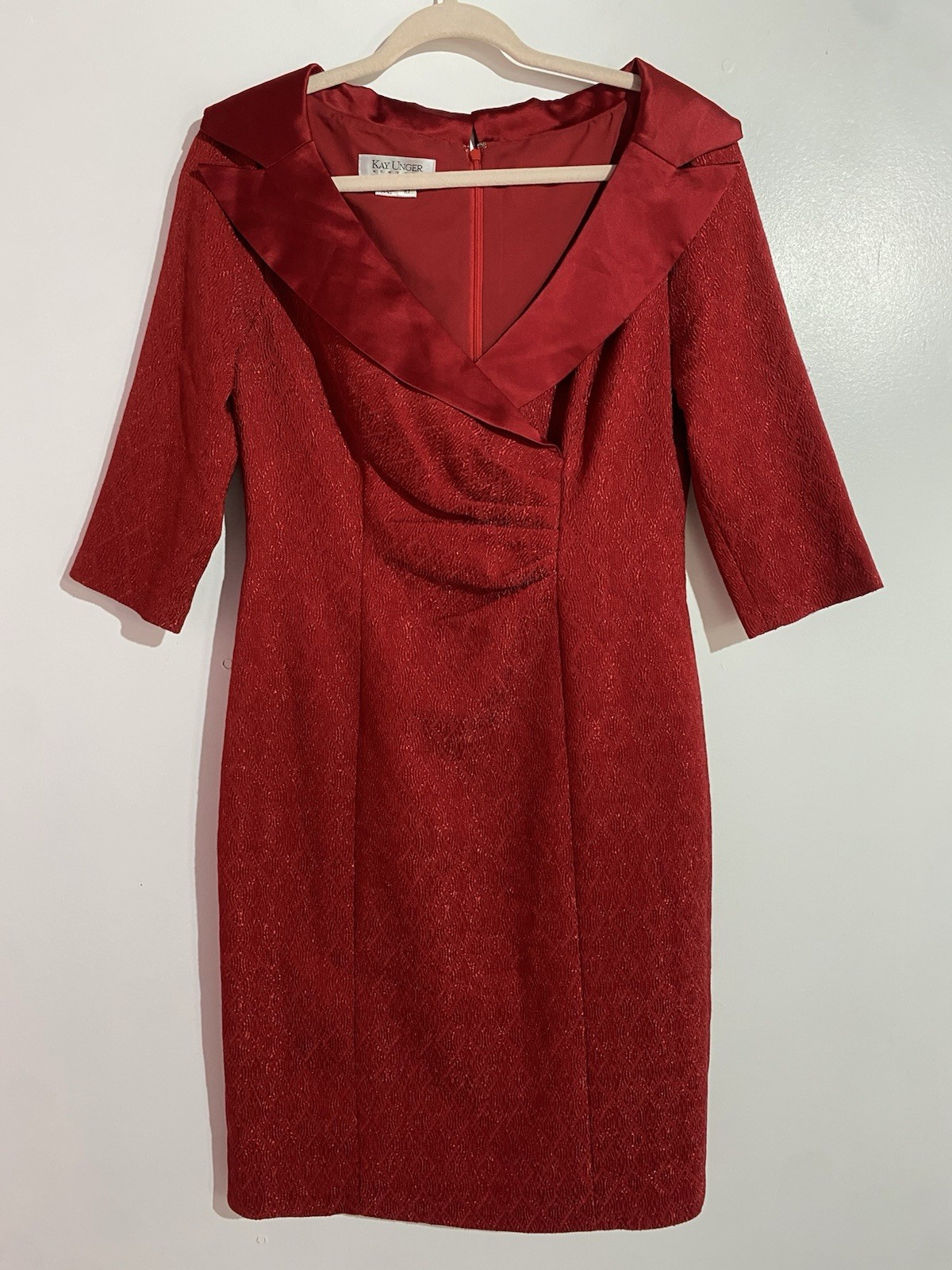 Kay Unger Dress 10 Red Shawl Collar Formal Christmas Party Cocktail Silk Blend