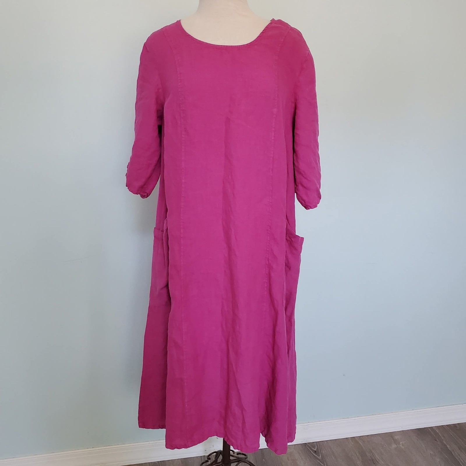 Match Point Usa M 3/4 Sleeve Midi Dress Pink 100% Linen Lagenlook Coastal Beach