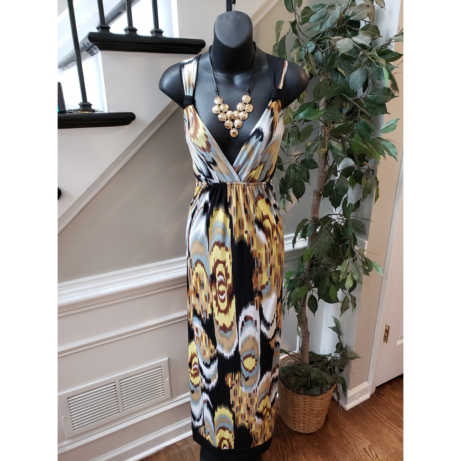 AGB Dress Women’s Size 6 Black Yellow Sleeveless Maxi Made in USA Stretchy