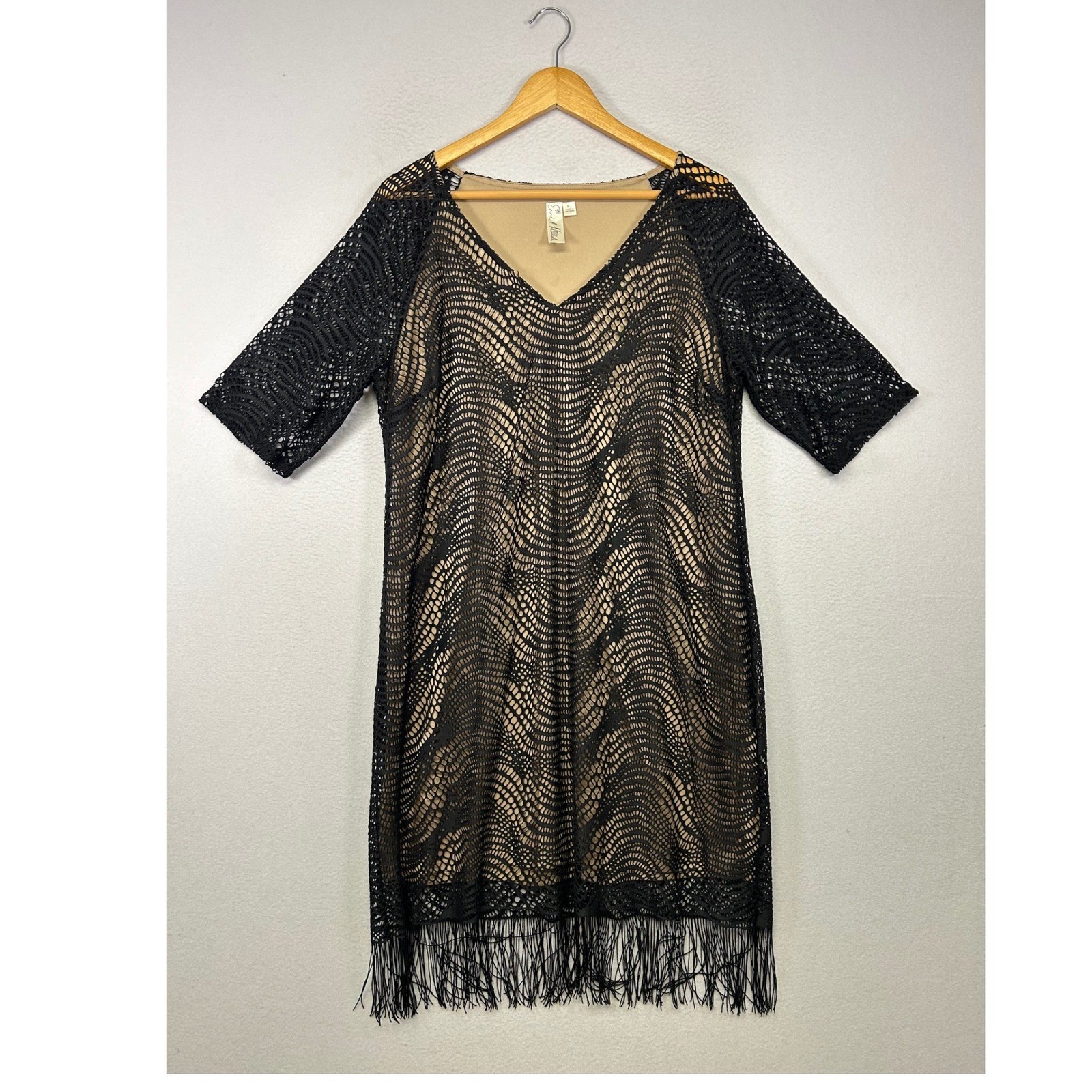 Boho Chic Emma & Michele Womens XL Black Crochet Fringe V-Neck Shift Dress