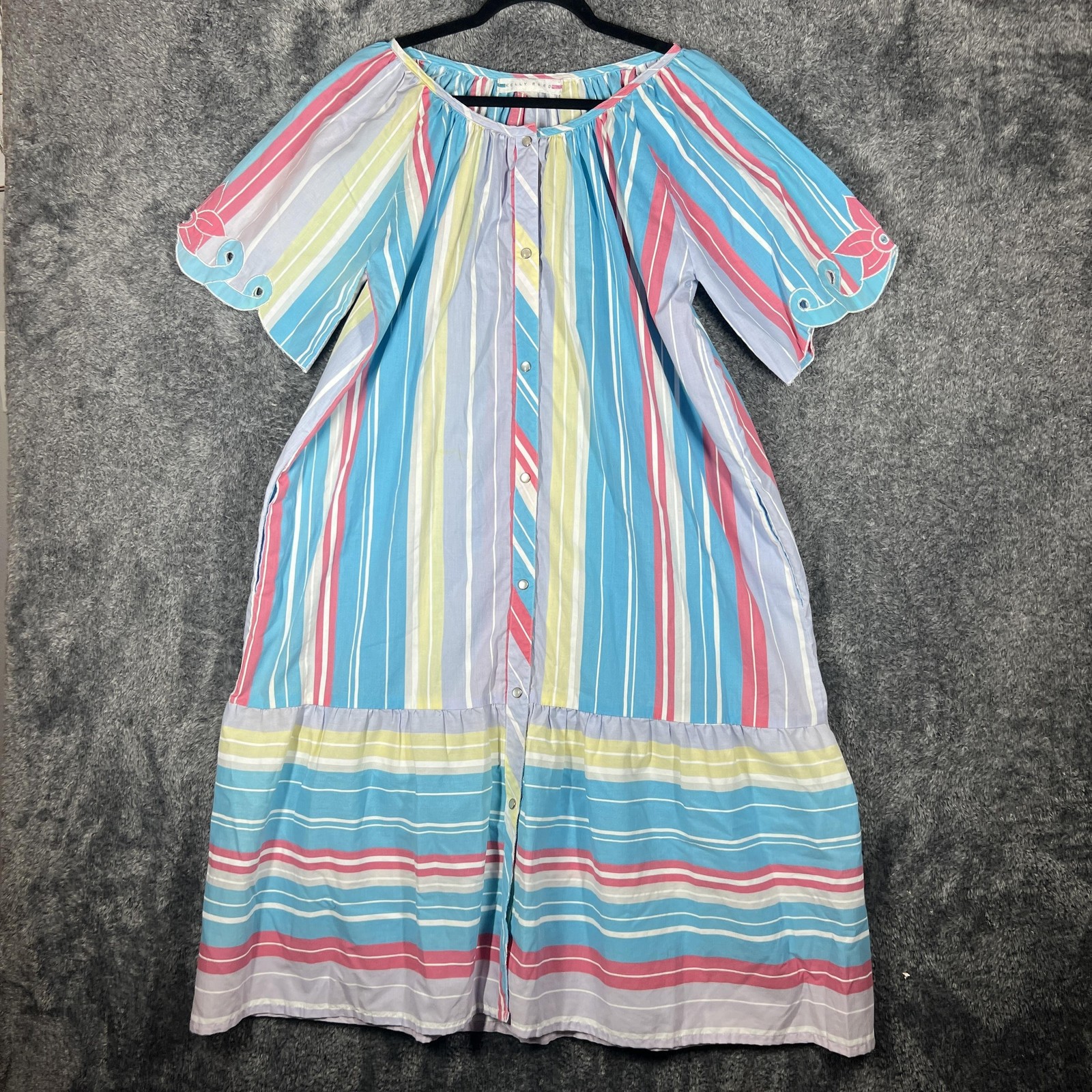 Kelly Reed Dress Womens L Blue Striped Midi Trapeze Swing Cotton Embroidered