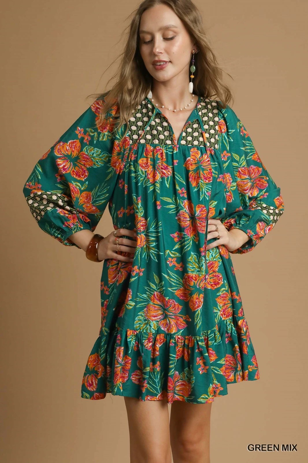 Umgee Green Hibiscus & Vine Mixed Dress Split V-neck with smocked yoke detail