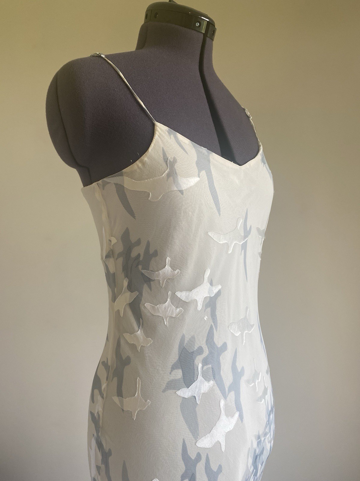 4LoveAndLiberty Small Off White Silk Devore Bird Dove Print Cascading Maxi Dress