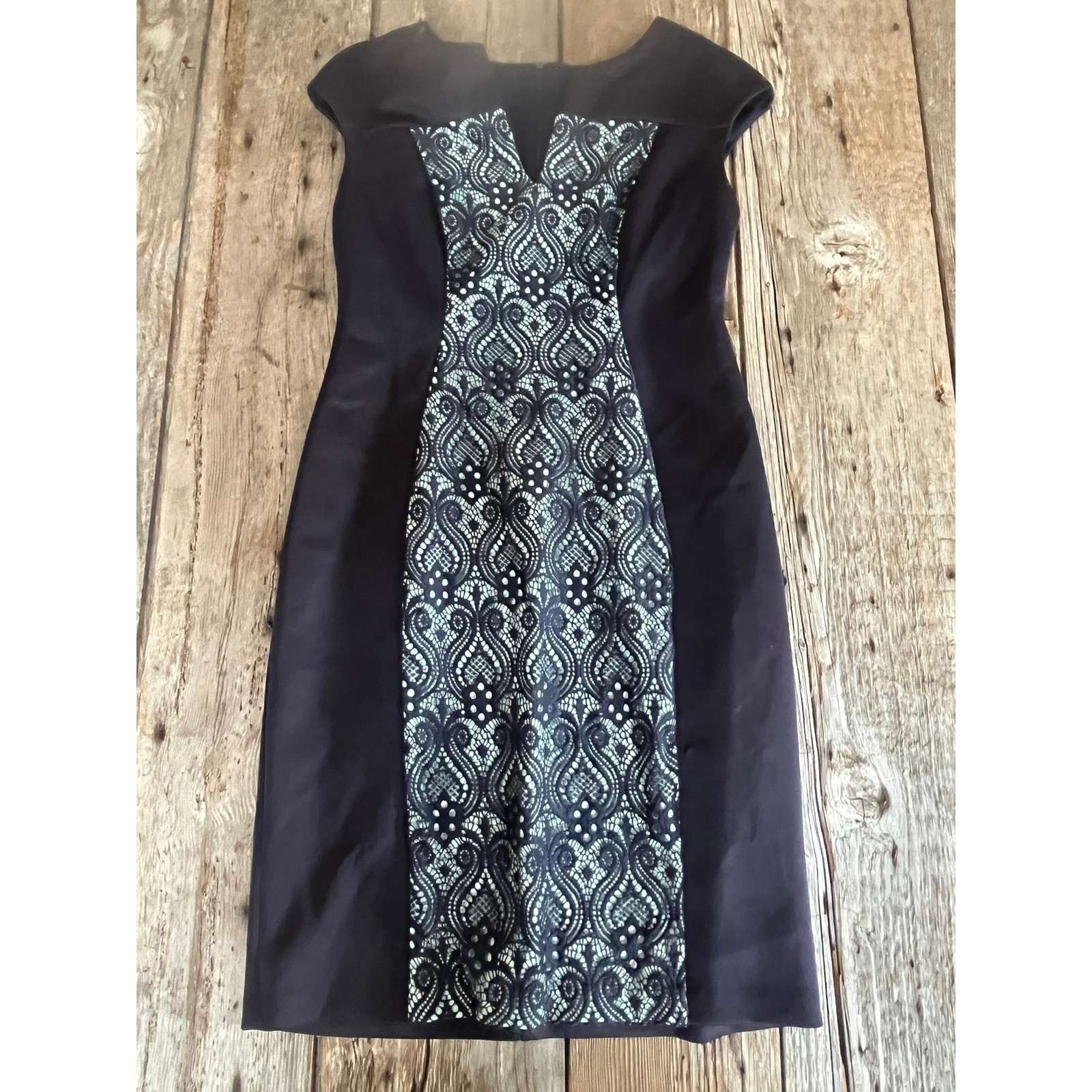 Navy Blue Cap Sleeve Sheath Dress with Lace Scrollwork Panel Cocktail Party