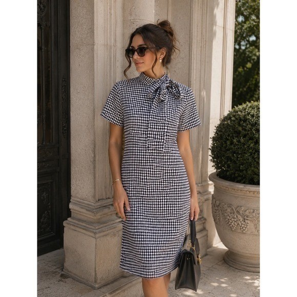 Shelby & Palmer Houndstooth Dress Sze 6 Black White Tie Neck Stretch Career Chic