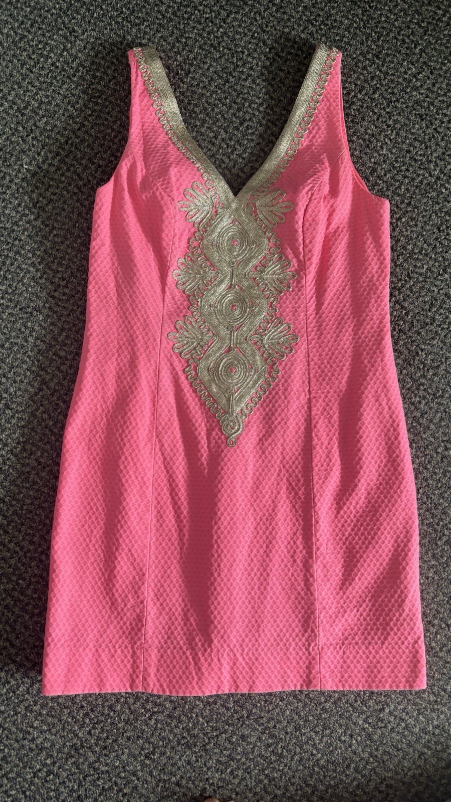 LILLY PULITZER Junie Shift Dress Coral Reef Pink METALLIC Gold TRIM Sz 2