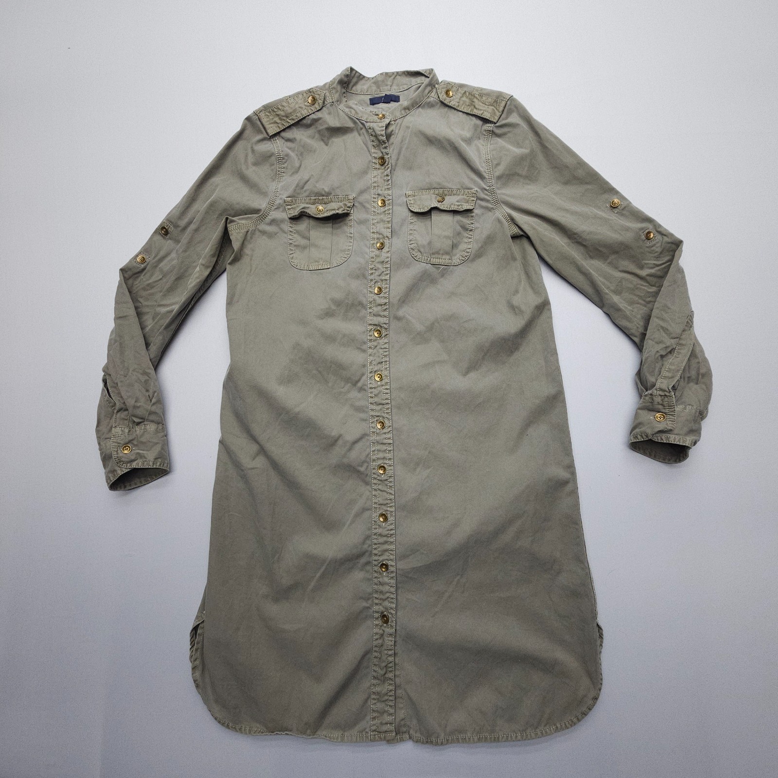 Gap Safari Military Y2K Long Sleeve Shirt Dress Size Medium Green Twill Cotton