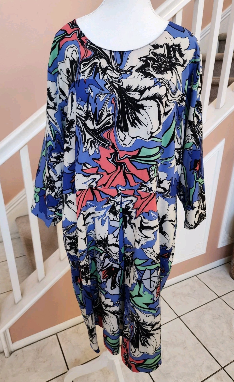 ELOQUII Blue Print Round Neck 3/4 Sleeve Inverted Pleat A-line Dress Sz 24