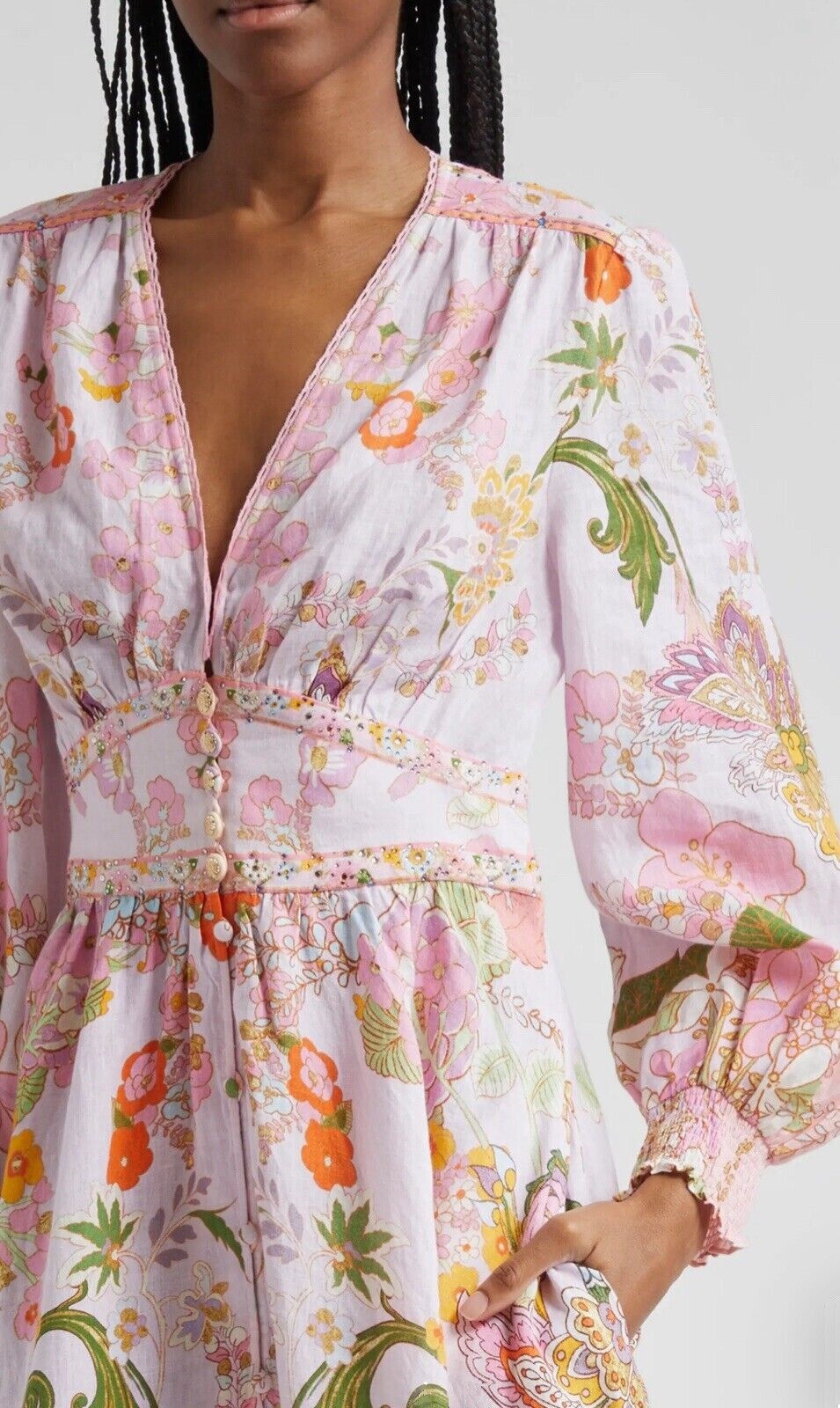 CAMILLA “Clever Clogs” Linen V-Neck Empire Waist Floral Smocked Maxi Dress, M