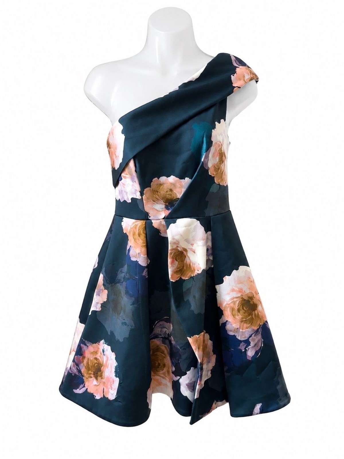Keepsake The Label One Shoulder Floral Fit & Flare Mini Dress XS Dark Green