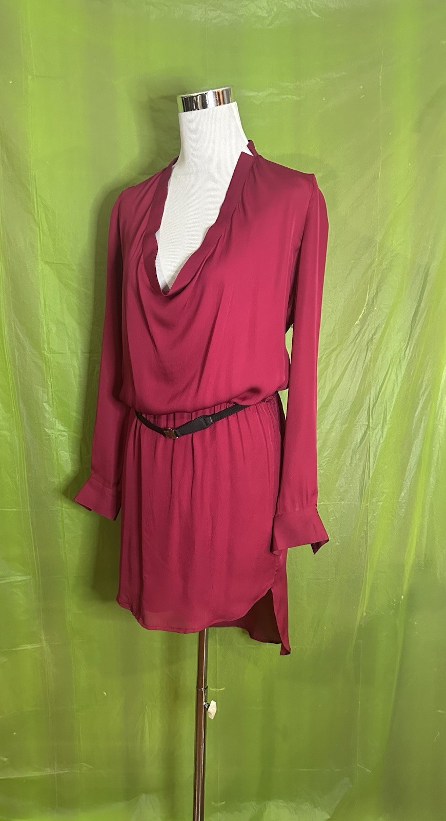 HH Haute Hippie Women Size Small 100% Silk Long Sleeve Belted Shirt Dress Boho