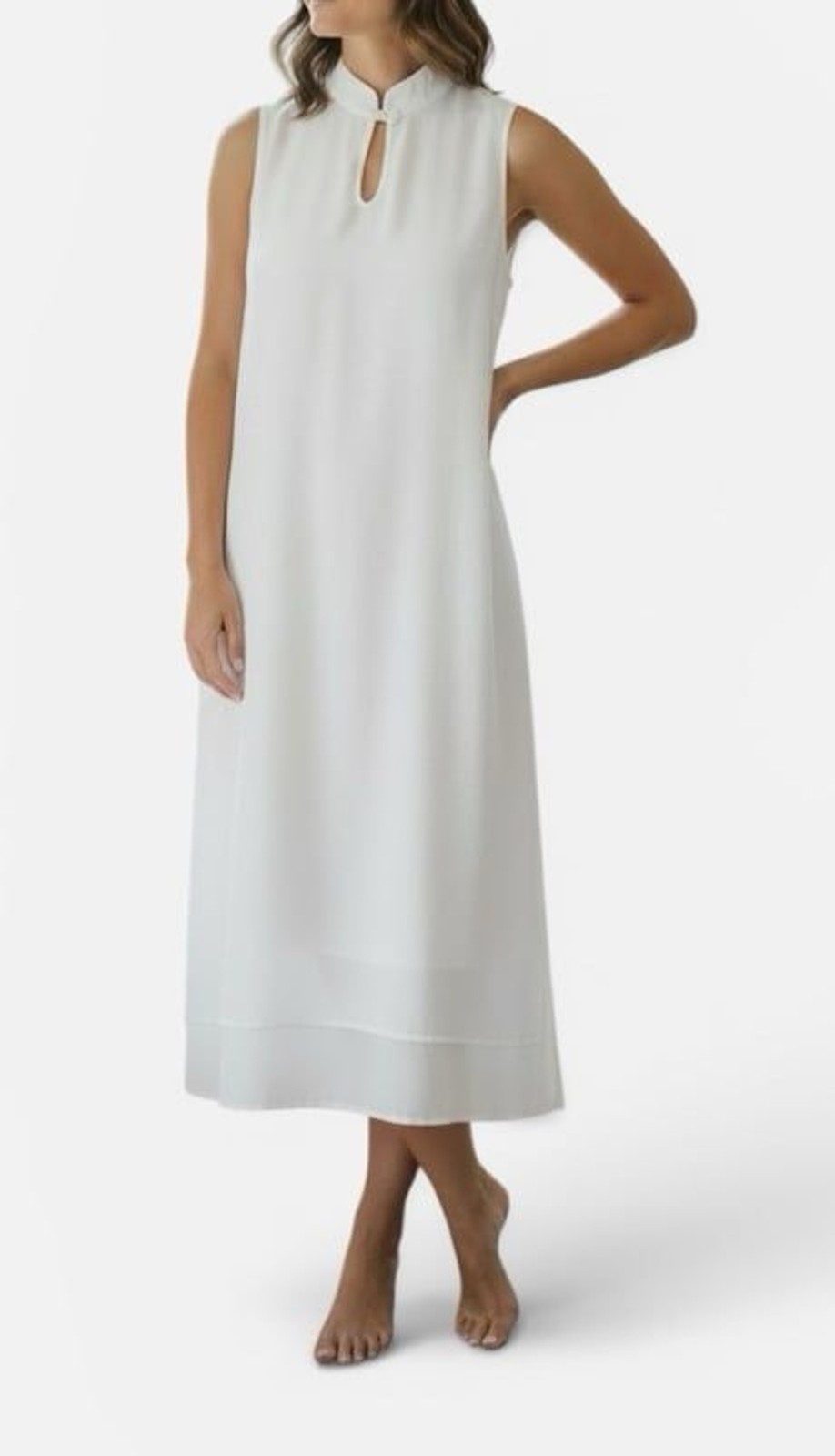 Veinfuns White Silk Blend Mandarin Collar Maxi Dress – Size M – 60% silk