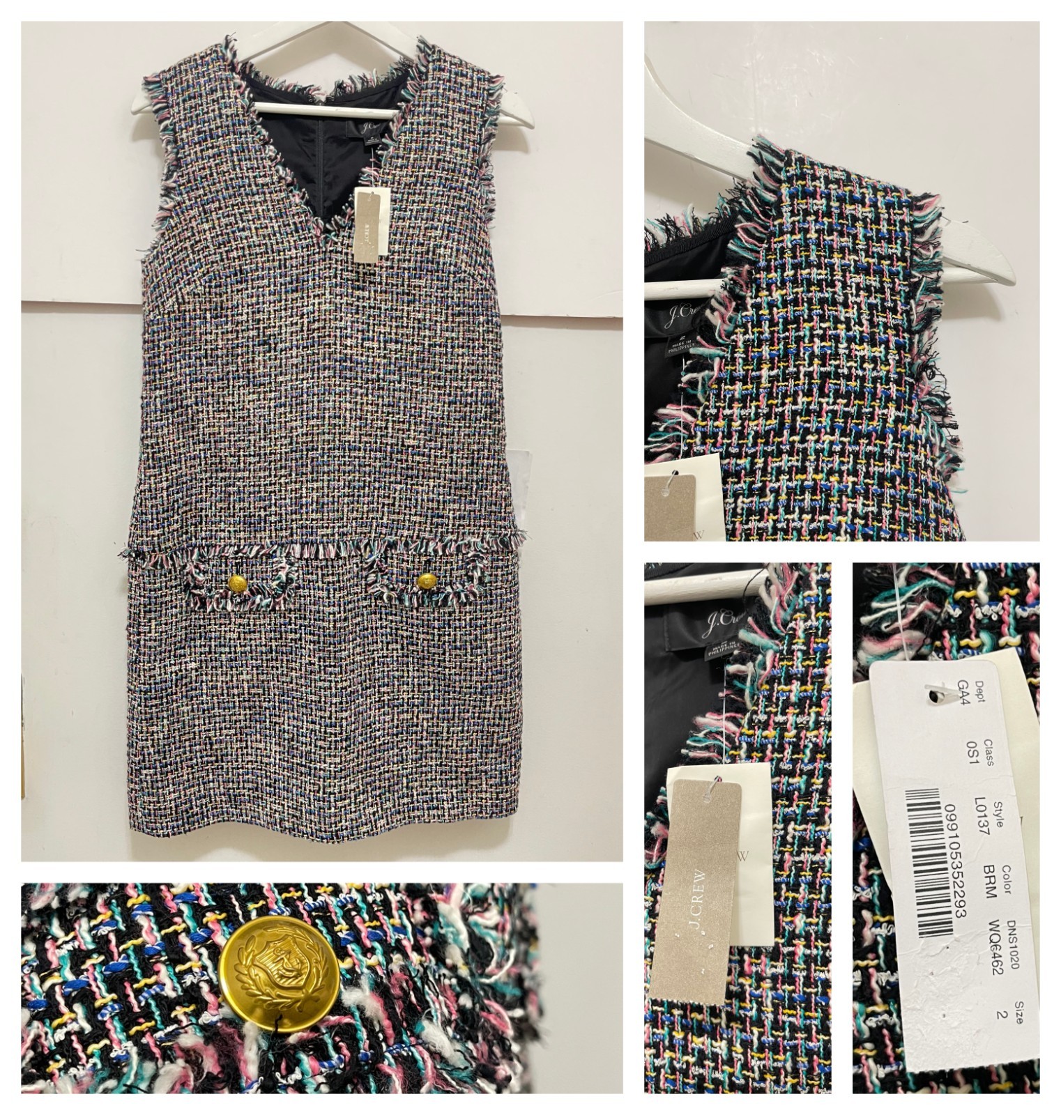 NWT J.crew V-neck fringe sheath dress multicolor tweed boucle metallic SZ 2 Crew
