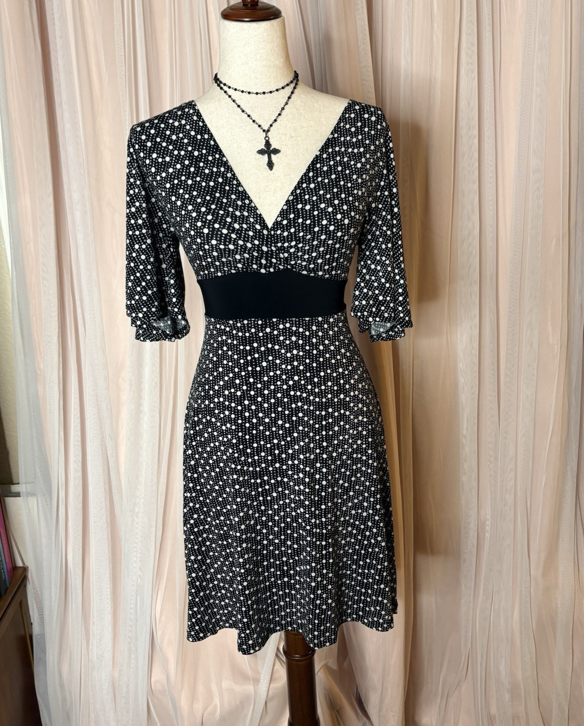 Hot Tempered Black White Polka Dot Empire Waist Midi Dress Bell Sleeve M USA