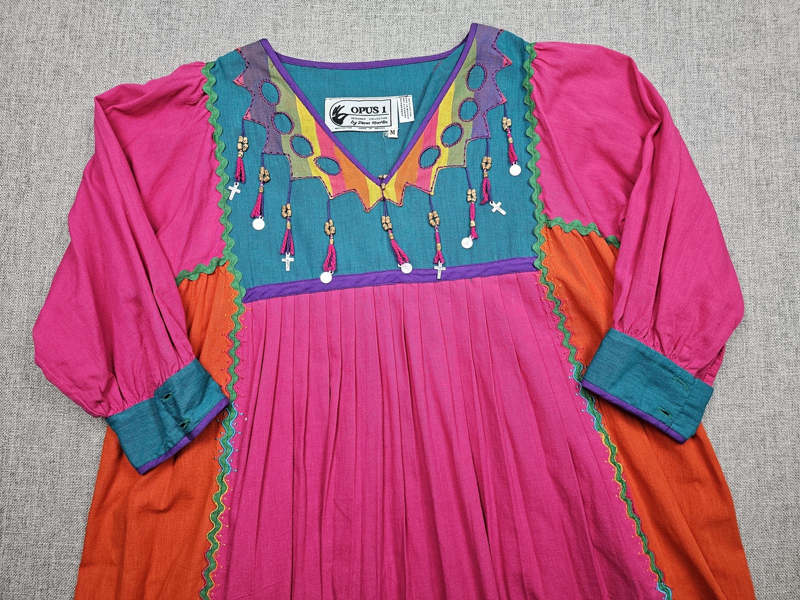 Vintage Opus 1 Dress Womens Medium Multicolor Embroidered Boho Kaftan Mexico