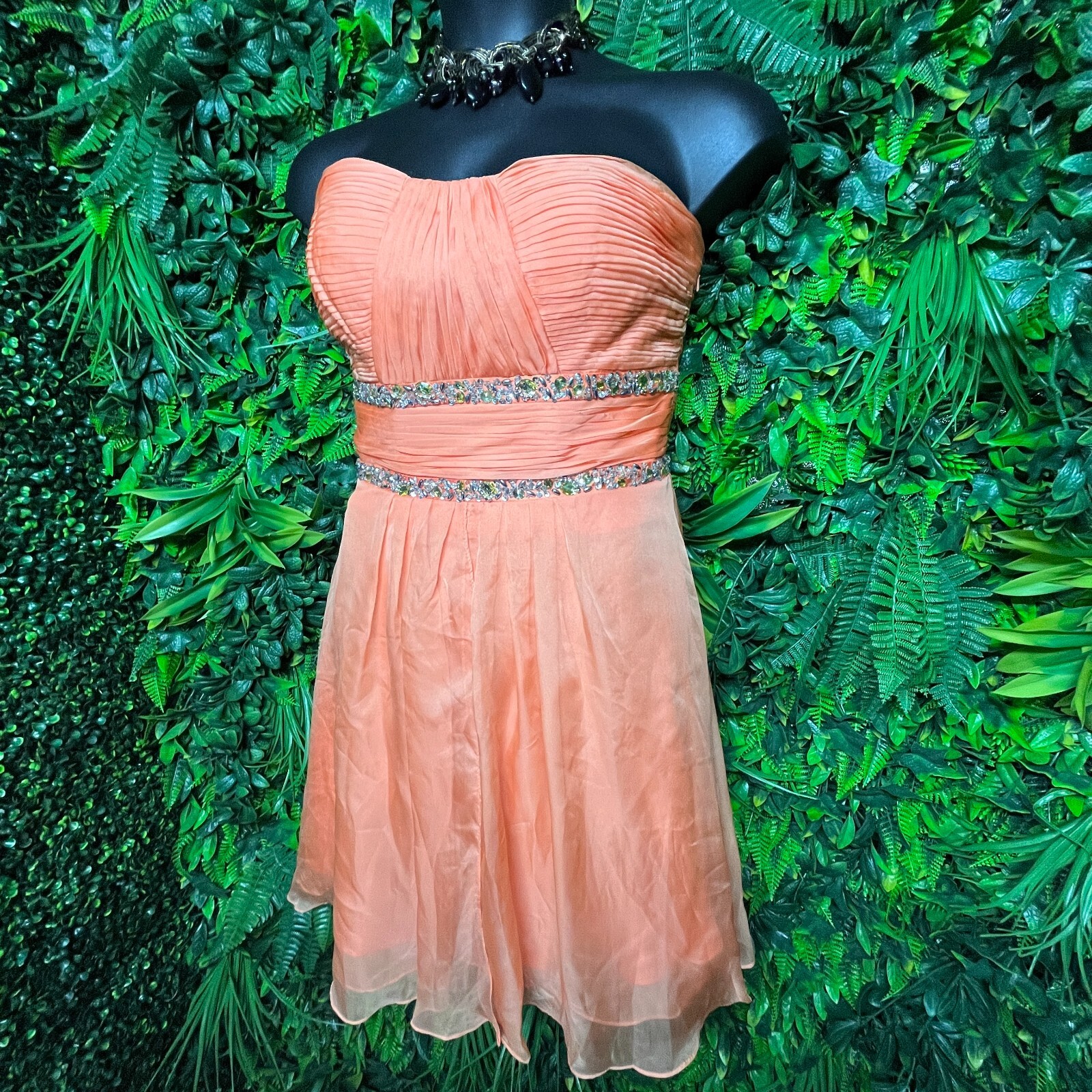 MAY QUEEN Dress 10 Peach Orange Short Formal Beaded Pleated Strapless 1067