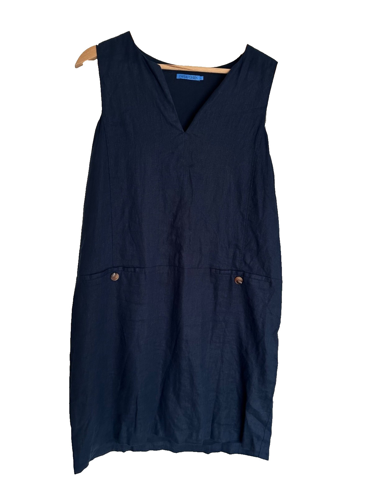 J. McLaughlin LG Linen Split Round Neck Sleeveless Besom Pocket Shift Dress